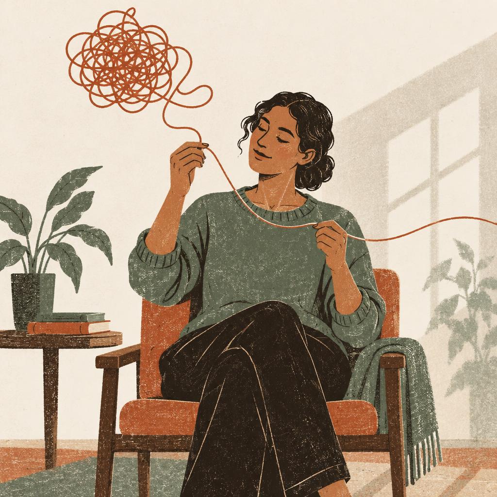 Ilustración de una persona sentada, en calma, desenredando un hilo enredado de pensamientos